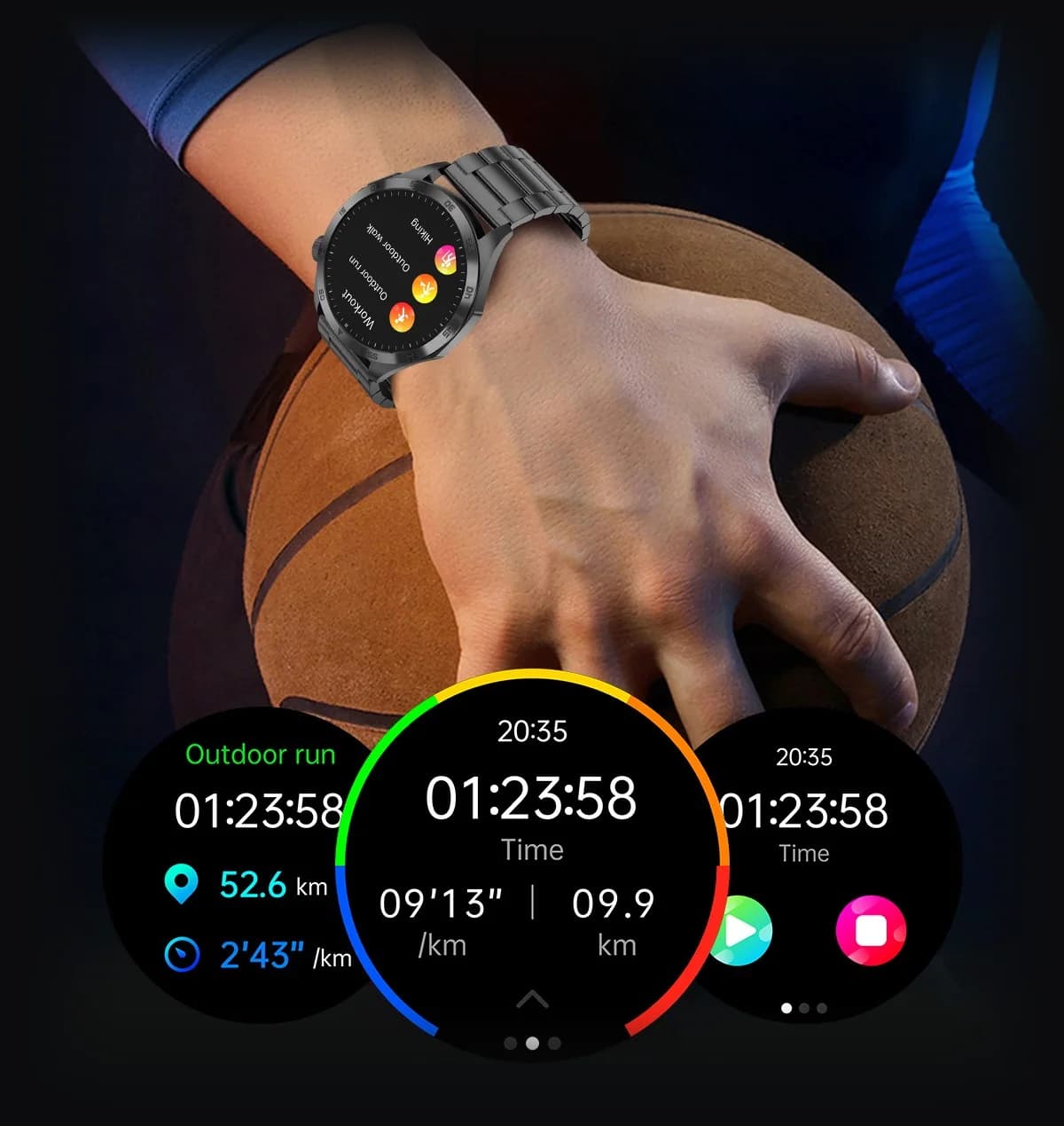 Kronos am Handgelenk beim Basketball mit Sportmodus-Anzeigen